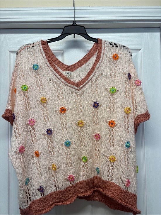 POL Sweaters - POL Light Pink V-Neck Oversized Sweater with Multicolor Flowers Small